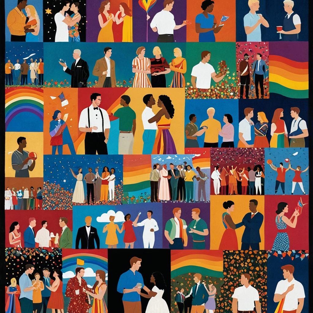 A vibrant collage of iconic LGBTQ scenes from various films and shows, showcasing diverse characters in colorful settings. Include symbols of pride, such as rainbow flags and hearts, subtly blended into the background. Emphasize inclusivity with various genres represented, like romance, comedy, and drama, all surrounded by an aura of celebration. super-realistic. vibrant colors. dynamic composition.