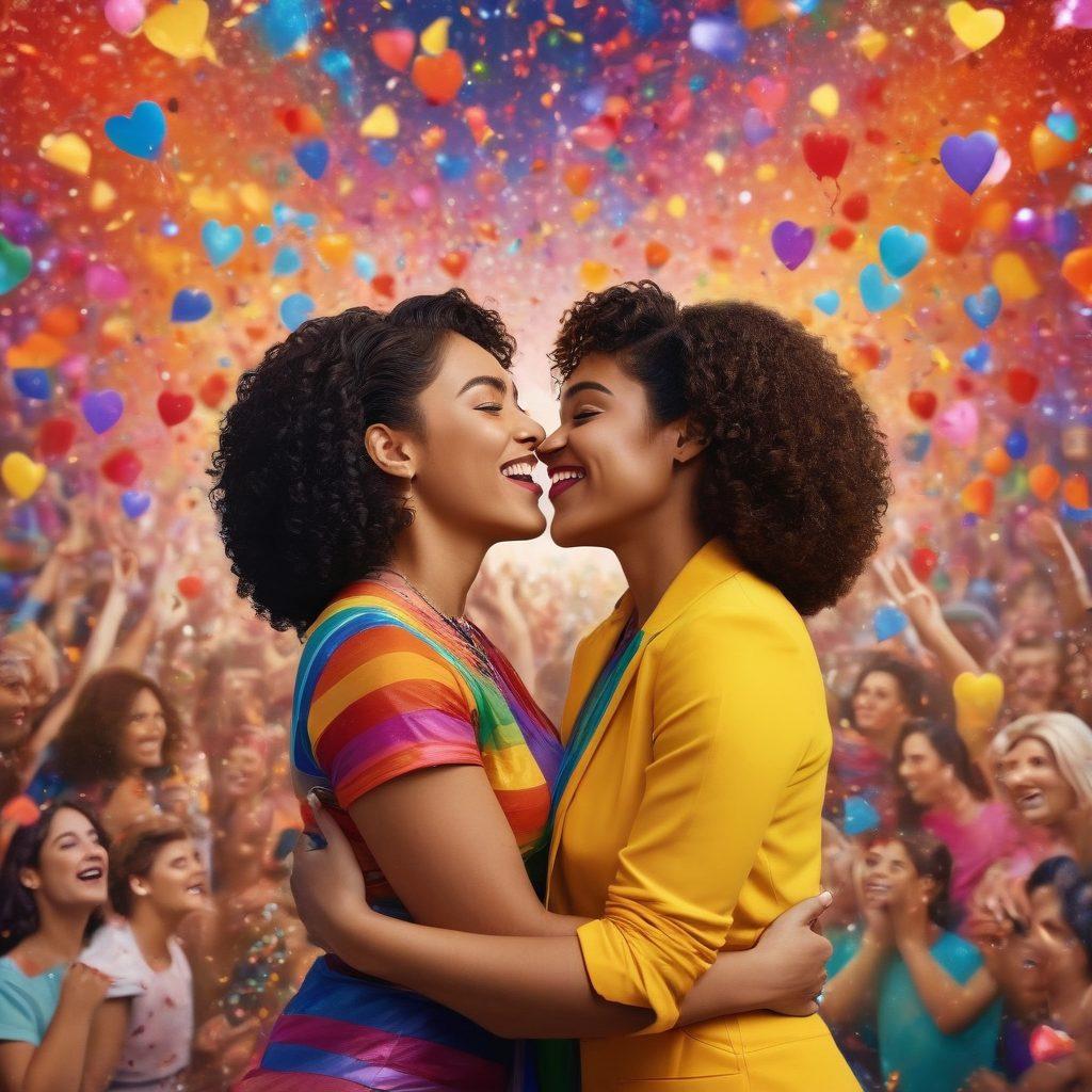 A vibrant collage featuring iconic symbols of LGBTQ+ pride, such as rainbow flags, film reels, and heart-shaped motifs. Showcase scenes from diverse gay and lesbian films, with joyful characters of various ethnicities celebrating together. The background should reflect a festive atmosphere with colorful confetti and dazzling lights. Illustrate the importance of representation and acceptance. bright colors. digital illustration.