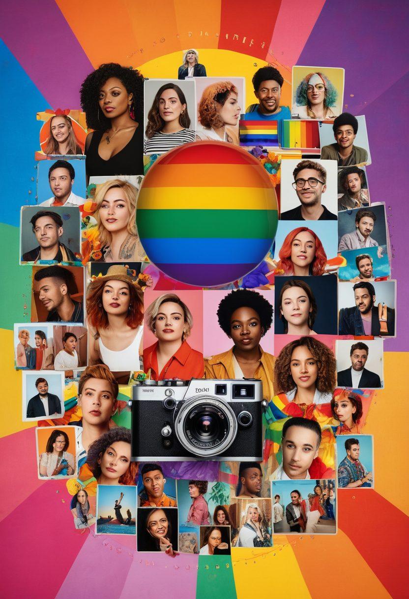 A dynamic collage showcasing the journey of LGBTQ adult content creators, featuring artists at different stages of their craft, vibrant representation of diversity, self-expression, and community. Include symbols of pride, creativity, and growth surrounded by retro-themed film reels and modern digital devices. Artistic lighting that highlights the evolution from amateur to iconic. bold colors. artistic mixed media.